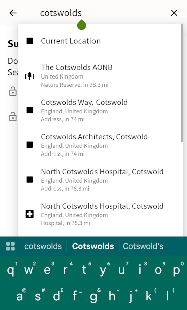 A screenshot of the Komoot navigation app for GPX files. The user is searching for the Cotswolds and Komoot has produced a list of potential matches.